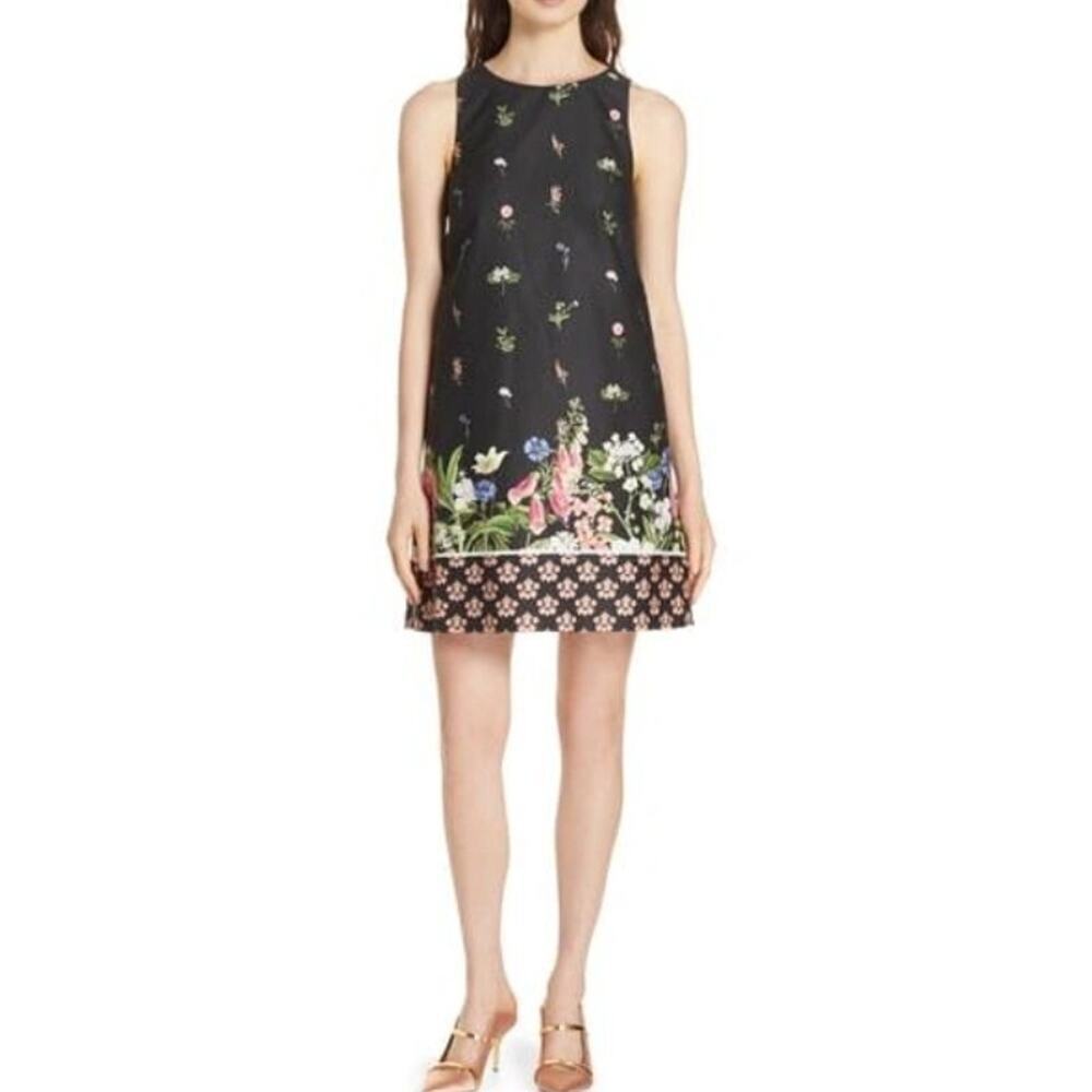 Ted Baker 2 Dress Millaa Florence Cotton Shift Black Floral Sleeveless USA sz 6